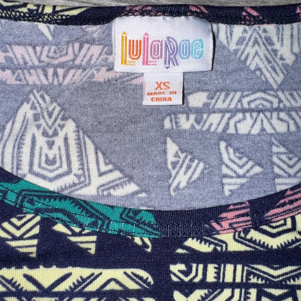 LuLaRoe Geometric Print Top in Blue and Cream